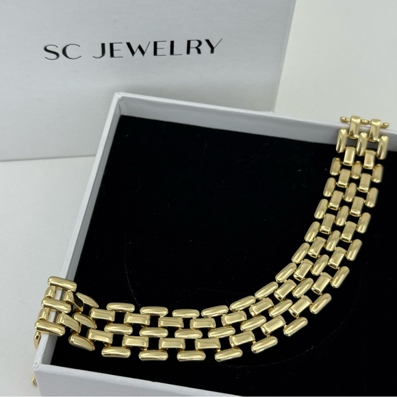 14K Gold Plated Chunky Wide Link Bracelet | Triple Row Chain Waterproof Jewelry - Picture 5 of 11